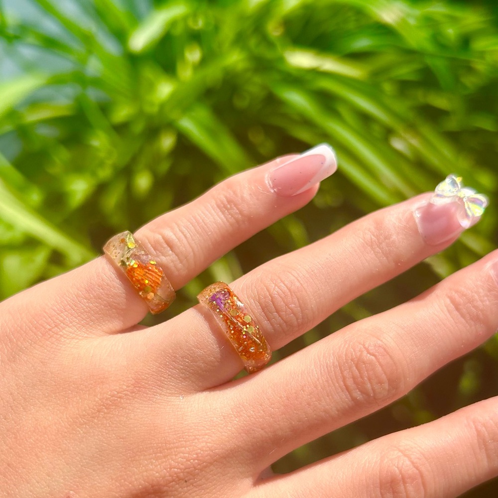 Gold and orange flower glitter ring set 2 pc